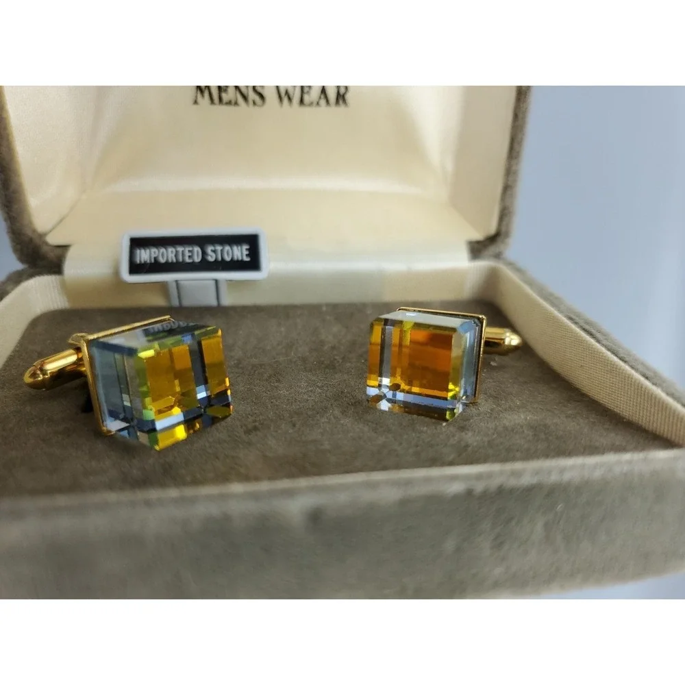 Vtg Cubic Prism Crystal Quartz Goldtone Cufflinks Levy's‎ Mens Wear Original Box
